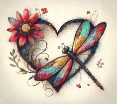 a heart shaped painting with two dragonflies and flowers