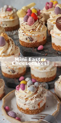 mini easter cheesecakes with chocolate eggs on top