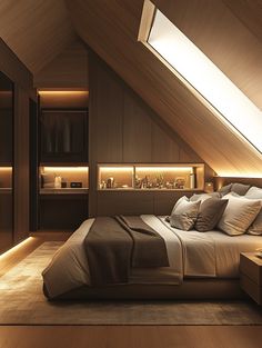 an attic bedroom with wooden walls and flooring is lit up by recessed lighting