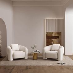 a living room with two white chairs and a coffee table