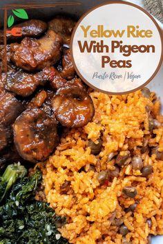 yellow rice with pigeon peas and broccoli on a plate