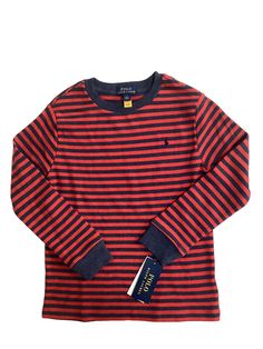 POLO RALPH LAUREN LONG SLEEVE TOP BOY'S Size :7  Color : HOLIDAY RED MULTI  100% COTTON      SIGNATURE EMBROIDERED PONY AT THE LEFT CHEST Brand new with tags 100% authentic Striped Long Sleeve Top For Fall, Red Tops With Ribbed Collar For Fall, Cotton Sweater With Striped Long Sleeves, Red Tops With Contrast Stripes For Winter, Navy Top With Contrast Stripes For Fall, Striped Long Sleeve Winter Tops, Striped Long Sleeve Tops For Winter, Fall Striped Long Sleeve Top, Winter Red Tops With Contrast Stripes