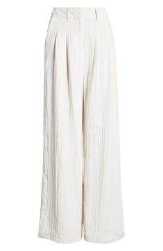 Soft pleats lend graceful movement to these high-waist pants designed with a crinkled texture and flowy wide legs. Zip fly with hook-and-bar closure 55% polyester, 37% viscose, 8% nylon Machine wash, dry flat Imported White Pleated Wide Leg Pants, Elegant Wide Leg Cream Pants With Elastic Waistband, Elegant Cream Wide Leg Pants With Elastic Waistband, Elegant Off White Wide-leg Bottoms, Spring Off White High-waisted Wide Leg Pants, White Pleated Summer Pants, Summer White Pleated Pants, Chic Flowy White Bottoms, White Flowy Chic Bottoms