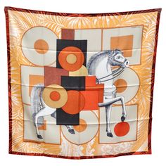 Introducing the Hermes Cavalier En Formes Silk Scarf, a stunning piece that encapsulates the elegance and creativity of Hermes' iconic scarf designs. This luxurious scarf is made from 100% silk, providing a smooth and sumptuous texture that feels gentle against the skin. The design features a signature Hermes horse motif at the center, surrounded by vibrant orange geometric patterns. The bold orange border complements the intricate design, adding a lively pop of color that stands out and brings Hermes Scarf Design, Luxury Rectangular Scarves, Luxury Multicolor Silk Scarf For Formal Events, Luxury Multicolor Silk Scarf For Formal Occasions, Multicolor Luxury Silk Scarf For Formal Occasions, Luxury Multicolor Rectangular Silk Scarf, Designer Square Silk Scarf, Designer Silk Square Scarf, Luxury Square Silk Scarf For Formal Events