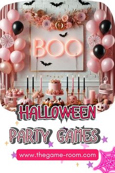 a halloween party with balloons, candles and decorations