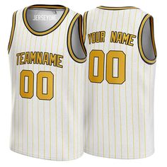 White and Yellow Pinstripe Custom Basketball Jersey features sublimation printed pinstripes and quick-dry fabric. The basketball jersey is custom-made, and the sublimated jersey will take 1 week to ship. The embroidered jersey will take 3-4 weeks to ship. Features Made of Mesh Fabric: The jersey is 100% polyester mesh fabric. It is breathable and quickly dry. Sublimation Tracking Twill: All letters and numbers of the jersey are sublimation-printed. Compared with the printed jerseys, it is durabl White Jersey Sublimation Design For Basketball, Team-colored Jersey With Contrast Stripes, Casual Striped Jersey For Sports Events, Striped Team Spirit Jersey, Team Spirit Striped Jersey With Team Name, White Cotton Jersey For Team Events, White Sporty Tops With Signature Stripes, Sporty White Tops With Signature Stripes, White Collegiate Jersey With Sublimation Print