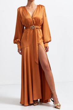 Elegant Brown Satin Maxi Dress, Elegant Satin Belted Maxi Dress, Elegant V-neck Dress With Belt Detail, V-neck Party Dress With Belt, Elegant Belted Satin Maxi Dress, Formal Brown Satin Maxi Dress, Luxury Gold V-neck Dress, Evening Satin Belted Maxi Dress, Elegant Party Dress With Belt Detail