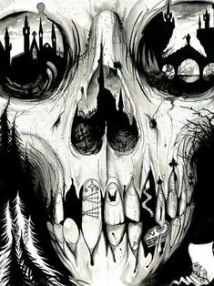 a black and white drawing of a skull with many different things on it's face