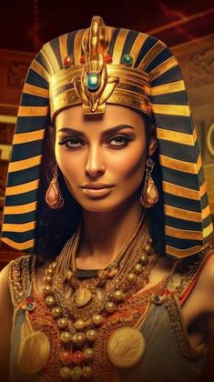 an egyptian woman wearing gold jewelry and a headdress with jewels in her hair