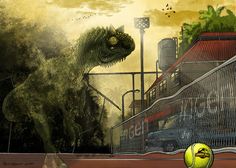 an image of a dinosaur on a tennis court with the words, the shadows betray you because they serve up