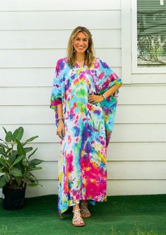 "🌈 Tie Dye Kaftan Dress, Loose Fit Tie Dye Dress, Hippie Tie Dye Kaftan, Tie Dye Clothing, Oversize Kaftan Dress, Tye Dye Caftan Dress Measurement and detail: 👉Fabric: 100% Breathable and Comfy Rayon 👉Method: Hand Dyed 👉Size: One Size Fits Most (M-3XL) Extremely comfy  👉Length of Dress: 55\" 👉Width of Dress: 45\" 👉Bust up to 60\" 👉The back is identical to front pattern ------------------------------------------- 🌸Care Instruction: We recommend hand wash your caftan in cold water and han Tie-dye Free Size Kaftan For Beach Cover-up, Tie Dye Free Size Kaftan For Beach Cover-up, Casual Tie Dye Tunic Kaftan, Casual Flowy Tie-dye Kaftan, Hand Dyed Flowy Kaftan For Vacation, Relaxed Fit Multicolor Kaftan For The Beach, Flowy Tie Dye Kaftan For Beachwear, Tie Dye Flowy Kaftan For Beachwear, Multicolor Relaxed Fit Maxi Dress For Summer