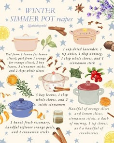 the recipe for winter pot pies is shown in an illustration with ingredients and instructions