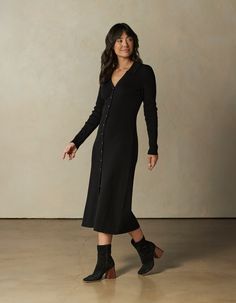 A midweight sweater dress designed in a soft and stretchy 2x2 rib knit. This true-to-size midi-length dress features a full button front, a V-neckline, and a shirt collar for a classic and stylish look. Winter V-neck Midi Dress With Button Closure, Fall V-neck Midi Dress With Button Closure, Winter Midi Dress With Button Closure, Fall Midi Dress With Button Closure, Fall Midi Dress For Loungewear, Fall Loungewear Midi Dress, Classic Ribbed Midi Dress For Fall, Casual Ribbed Button-up Dress, Casual Button-up Midi Dress For Winter