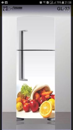 a refrigerator with fruits and vegetables on the door, as well as an advertise