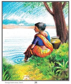 a drawing of a woman sitting next to a tree on the shore of a body of water