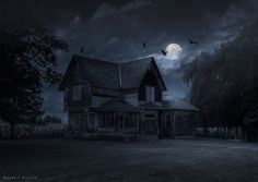 a creepy house with bats flying in the night sky