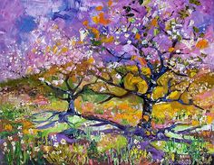 an oil painting of a tree with purple and yellow leaves