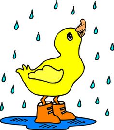 a yellow duck sitting on top of a puddle in the rain with an orange rubber boot