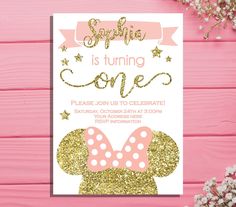 a pink and gold minnie mouse birthday party card with the words, sparkle is turning one