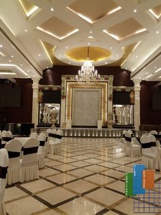 an empty banquet hall with tables and chairs