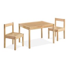 three wooden chairs and a table on a white background