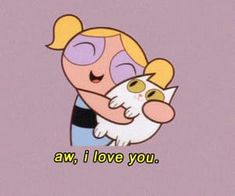 a cartoon character holding a white cat with the caption aw, i love you