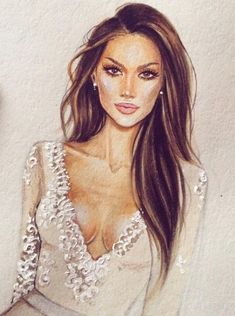 a drawing of a woman with long brown hair wearing a white dress and diamond earrings