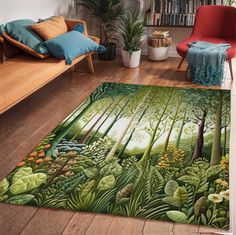 a living room area rug with trees and plants on the floor in front of a couch