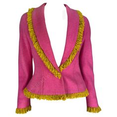 Check out this item from 1stdibs! F/W 1998 Christian Dior by John Galliano Pink Wool Blazer Yellow Fringe : https://www.1stdibs.com/id-v_19093712 Designer Formal Pink Outerwear, Designer Pink Blazer For Work, Designer Pink Blazer For Workwear, Designer Pink Formal Outerwear, Designer Long Sleeve Pink Blazer, Luxury Pink Party Blazer, Pink Formal Winter Blazer, Winter Pink Formal Blazer, Pink Winter Formal Blazer