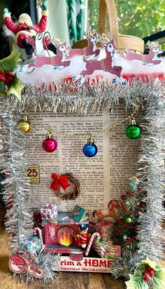 an old fashioned christmas bag with ornaments and tinsel