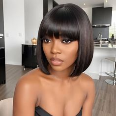 BAOHUKE 10 Inch Yaki Straight Bob Wig With Bangs Human Hair Glueless 2x1 Closure HD Lace Short Black Bob Wigs With Bang Human Hair Ready to Go 180% Density For Black Women Short Black Bob, Short Black Wigs, Straight Bob Wig, Bob Wig With Bangs, Black Bob, Black Lace Shorts, Straight Bob, Wig With Bangs, Short Bob Wigs