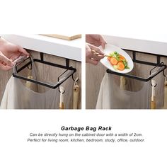 two images showing how to use the garbage bag rack for hanging food and cleaning utensils