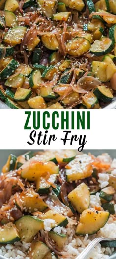 zucchini stir fry in a pan with rice and sauce