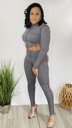 Looking for the perfect outfit for a night out on the town? Look no further! This Charcoal two piece crop top and matching high waist leggings set with burgundy Stitch detail is the perfect head turner. Sexy set shows a little skin while maintaining class. Model is wearing a Small. Leggings have stretch 96% Polyester 4% Spandex High Waist Leggings, Leggings Set, Turndown Collar, Wholesale Fashion, High Waisted Leggings, Perfect Outfit, Two Pieces, Sleeve Styles, Two Piece Pant Set