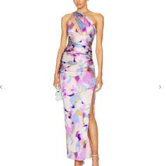 100% Silk Made In China Dry Clean Only Multicolor Fitted Draped Dress, Multicolor Evening Dresses With Asymmetrical Neckline, Purple Spring Maxi Dress For Gala, Purple Maxi Dress For Spring Gala, Purple Spring Gala Maxi Dress, Purple Asymmetrical Evening Midi Dress, Purple Asymmetrical Evening Dress, Asymmetrical Purple Evening Dress, Purple Fitted One-shoulder Maxi Dress