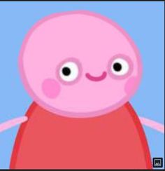 a cartoon character with big eyes and a pink body, standing in front of a blue background