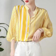 Long Sleeve Yellow Striped Elegant Office Blouse Shirt – Tomscloth Yellow Long Sleeve Office Tops, Casual Yellow Office Shirt, Yellow Summer Office Shirt, Casual Yellow Office Blouse, Yellow Summer Office Tops, Yellow Spring Office Tops, Office Blouse, Elegant Office, Blouse Shirt