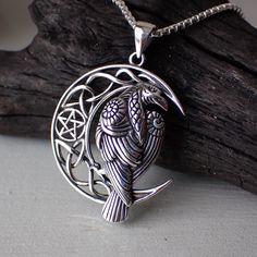 Sterling Silver Celtic Raven Necklace – crystal cavern imports Practical Magic Decor Inspiration, Dark Academia Jewelry, Celtic Raven, Raven Jewelry, Raven Necklace, Magical Jewelry, Silver Chain Style, Moon Jewelry, Fantasy Jewelry