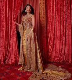 a woman standing in front of red curtains wearing a gold gown and holding her hand out