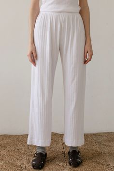 The Pointelle Simple Crop Pant is crafted with 100% Organic Cotton, featuring a cropped fit, wide leg and elastic waist. Made in Los Angeles Cotton Culottes With Elastic Waistband, Wide Leg Pants With Elastic Waistband For Daywear, Daywear Pants With Elastic Waistband And Wide Leg, Stretch Wide Leg Pants For Daywear, Daywear Wide-leg Pants With Elastic Waistband, Wide Leg Bottoms With Elastic Waistband For Daywear, Relaxed Fit Straight Culottes, Relaxed Fit Wide Leg Pants For Daywear, Chic Cropped Leg Loungewear Pants