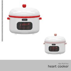 two white crock pots with red trim and the words heart cooker on them