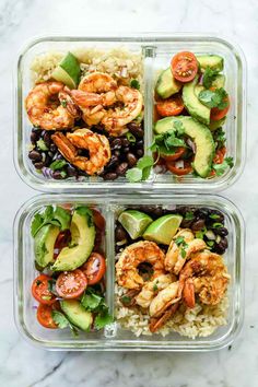 three meal prep containers filled with shrimp, rice and black bean salad topped with avocado