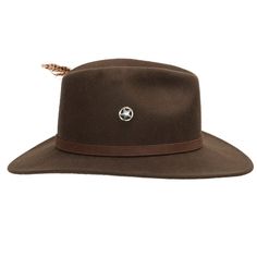 The Freedom Western Cowboy hat is a crushable genuine Australian wool felt fedora with a tall blocked center dent crown. This hat features an authentic leather hatband, a wide brim, two cowboy pins on each side, real exotic feathers, and a breathable sweatband. The brim contains a wire to hold its shape. Prepare yourself to stand out from the rest with this design. The Freedom is perfect for any occasion since its design is classic, very flexible, and will improve any outfit. Featuring unique de Brown Felt Hat Band For Country Events, Country Style Fur Felt Hat Bands For Country Events, Western Style Short Brim Hunting Hat, Brown Felt Hat Bands For Rodeo, Brown Fur Felt Fedora For Kentucky Derby, Leather Felt Hat For Country Events, Western Short Brim Hunting Hat, Brown Felt Hat For Winter Ranch Wear, Leather Felt Hat With Flat Crown For Country Events