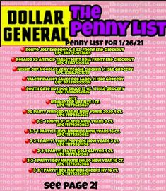 the poster for dollar general penny list is shown in pink and yellow letters on a black background