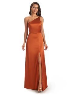 Stylish Soft Satin Side Slit One Shoulder Floor-Length A-Line prom Dresses - ChicSew One Shoulder Bridesmaid Dress Rust, African Bridesmaids, Rust Bridesmaid Dress, African Bridesmaid Dresses, Long Sleeve Bridesmaid Dress, Bridal Party Outfit, One Shoulder Bridesmaid Dresses, African Prom Dresses, One Shoulder Bridesmaid