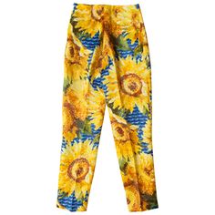 Gucci silk trousers feature bright sunflower print and an elegant cropped leg, center pressed. Made in Italy. Material: 100% Silk. Size : 42 Italian (It fits like 38EU, 6-8US) Measurements : Waist : 32 cm Length : 95 cm Width ankle : 16 cm Alessandro Michele Gucci, Floral Trousers, Yellow Pants, Joggers Track Pants, Italy Outfits, Silk Lingerie, Silk Trousers, Embellished Sandals, Ribbed Knit Dress