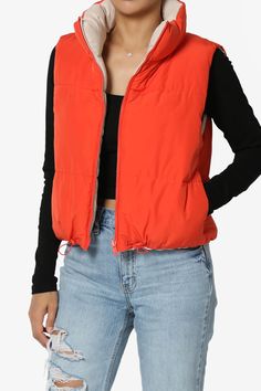 Legaci Reversible Puffer Vest TOMATO AND BEIGE_1 Sleeveless Nylon Puffer Jacket For Spring, Trendy Nylon Vest For Fall, Trendy Nylon Spring Vest, Trendy Nylon Vest For Spring, Trendy Spring Nylon Vest, Trendy Sleeveless Winter Puffer Jacket, Reversible Puffer Jacket, Winter Crops, Crop Vest