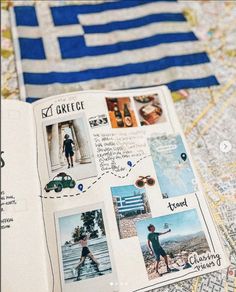 an open book on a map with pictures and words written in different languages, including the word greece