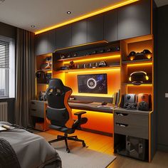 a bedroom with a bed, desk and computer monitor on the wall in front of it