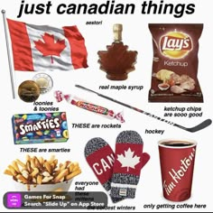 canadian things to eat and drink in the winter months, including maple syrup, hot chocolate, cookies, chips, ice cream, ketchup, canada flag